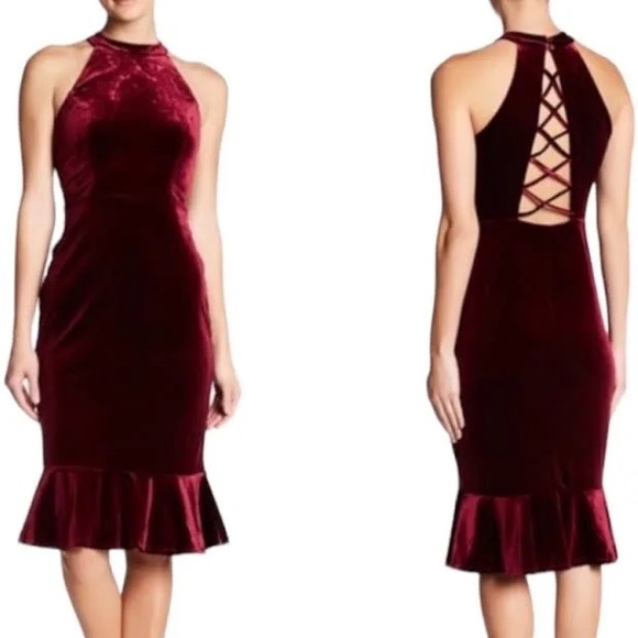 Superfoxx Ruffled Hem Velvet Midi Halter Cocktail Dress sz M - Picture 1 of 6